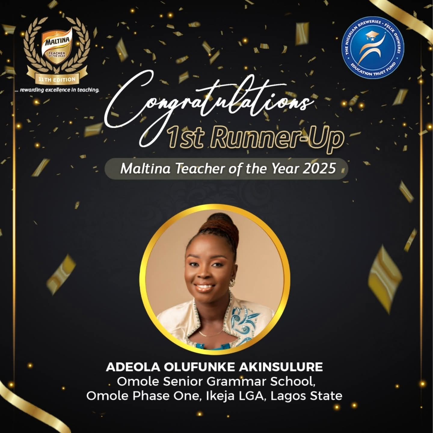 Akinsulure Emerges First Runner-Up at 2025 Maltina Teacher of the Year Competition